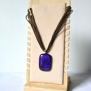 Purple Sparkling Fused Glass Dichroic Pendant with Braided Necklace